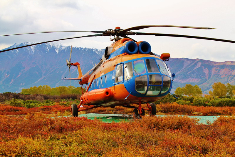 Helicopter landing at the Valley of Geysers