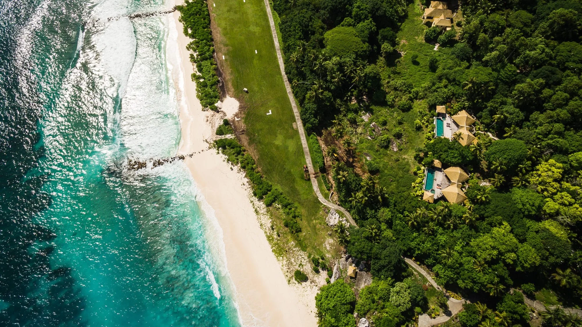 Aerial view of Fregate Island showing its pristine coastline and tropical landscape.