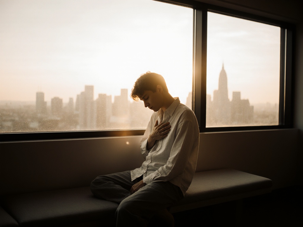 Person sitting alone by a window at dusk, head slightly bowed, fingers loosely on chest