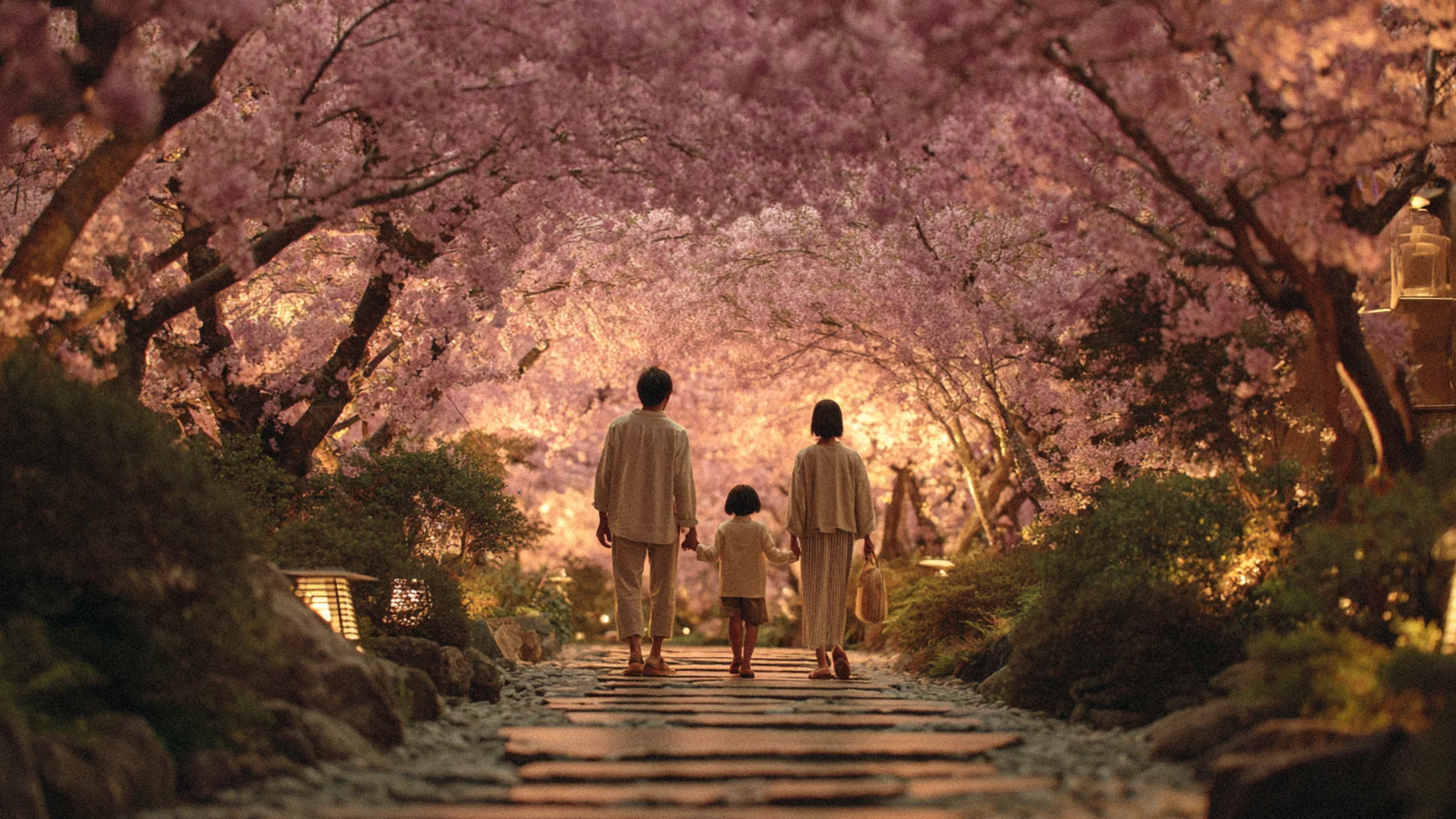 Japanese family walking through a cherry blossom tunnel at dusk; parents holding children's hands; soft pink light filtering through the canopy