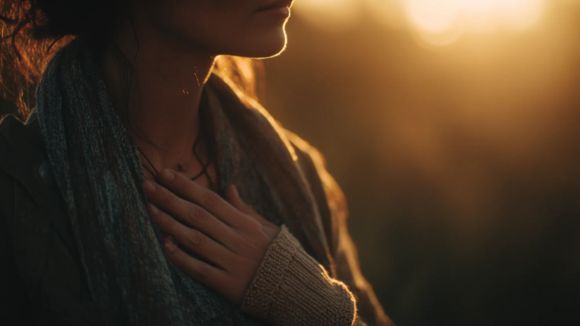 Person's silhouette from behind, hand on heart, peaceful expression, soft back-lighting.