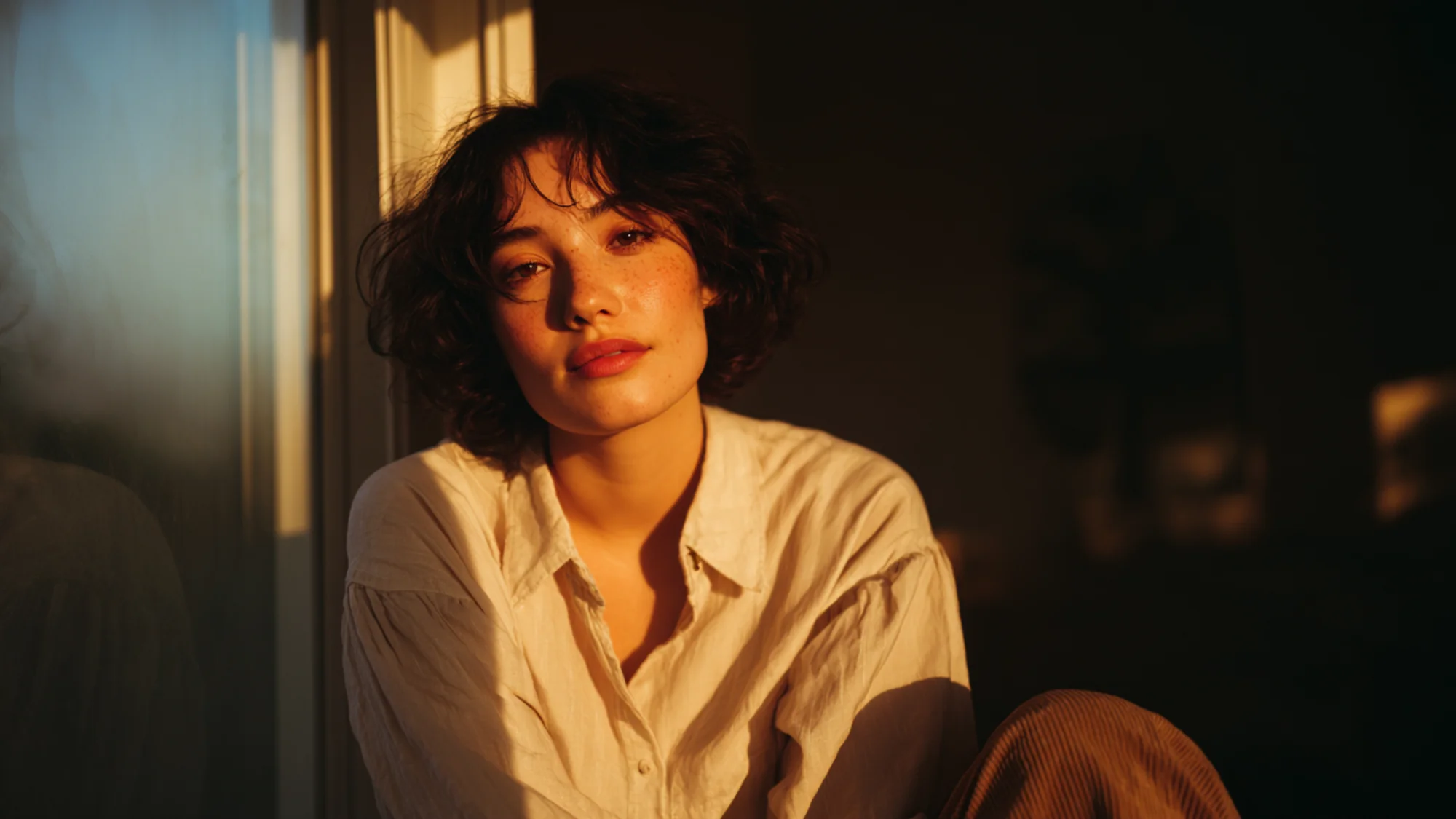 Person sitting with natural relaxed posture, warm sunlight from window, candid moment of ease.