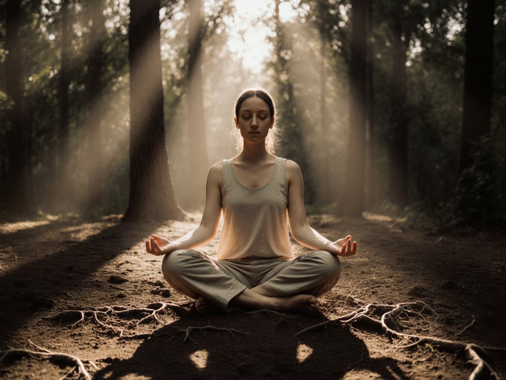 Person sitting cross-legged on earth floor, hands resting in lap, surrounded by dappled forest light
