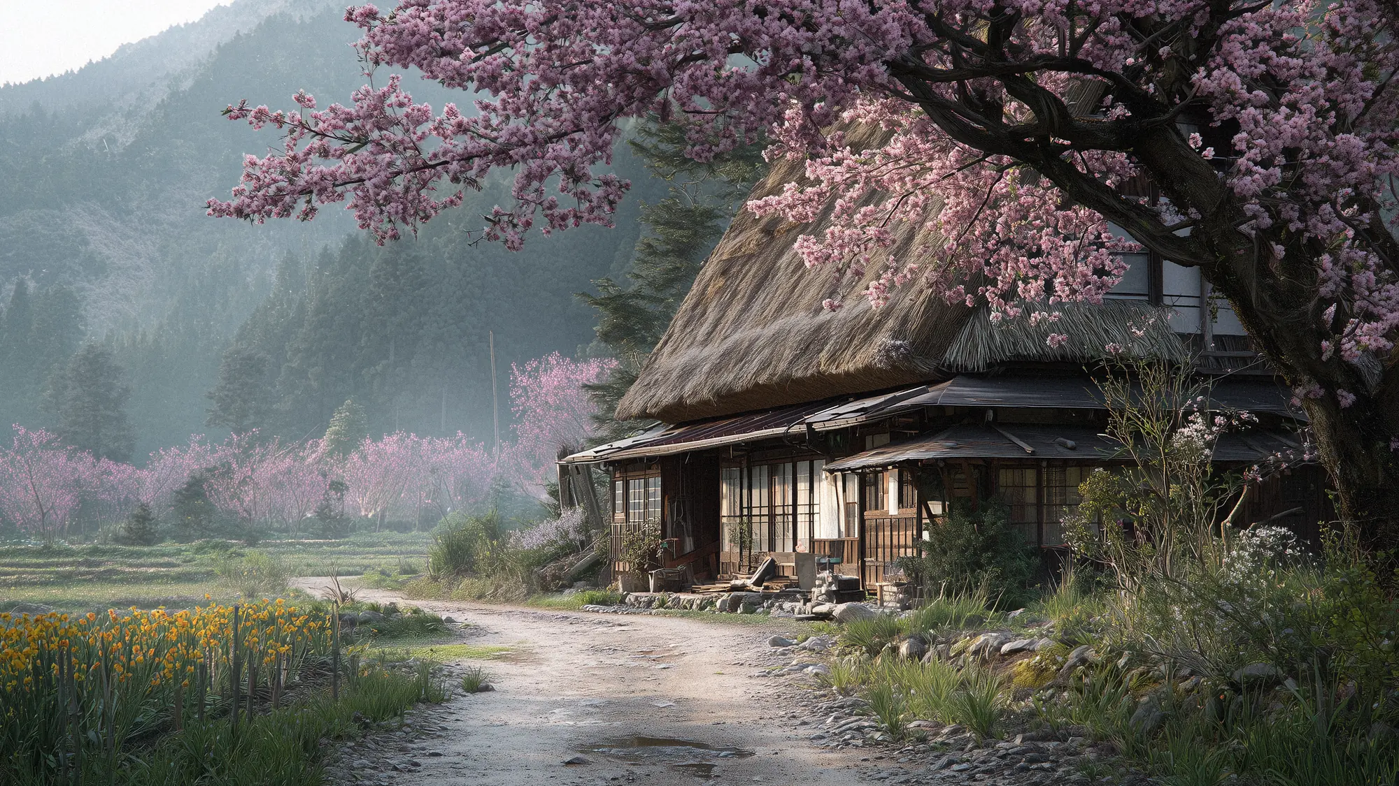 Weathered Japanese farmhouse with thatched roof; cherry orchard behind; farmer checking early blossoms; morning dew on petals; soft light