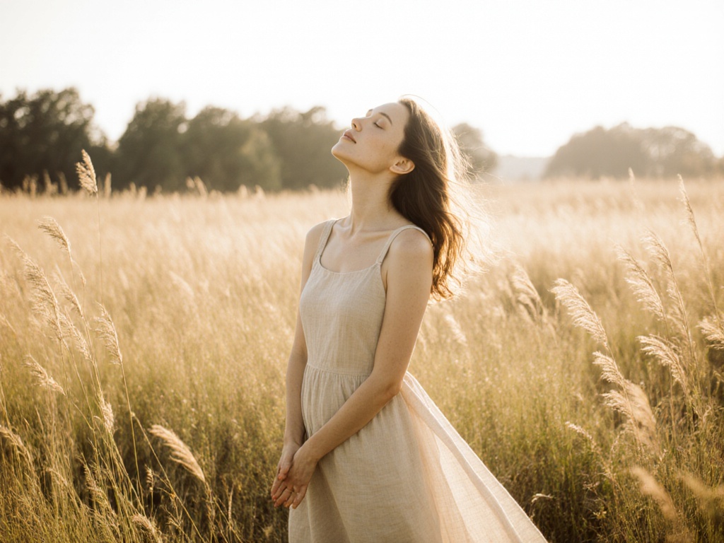 Woman standing in grassy meadow mid-morning, arms slightly away from body, palms forward, face tilted up