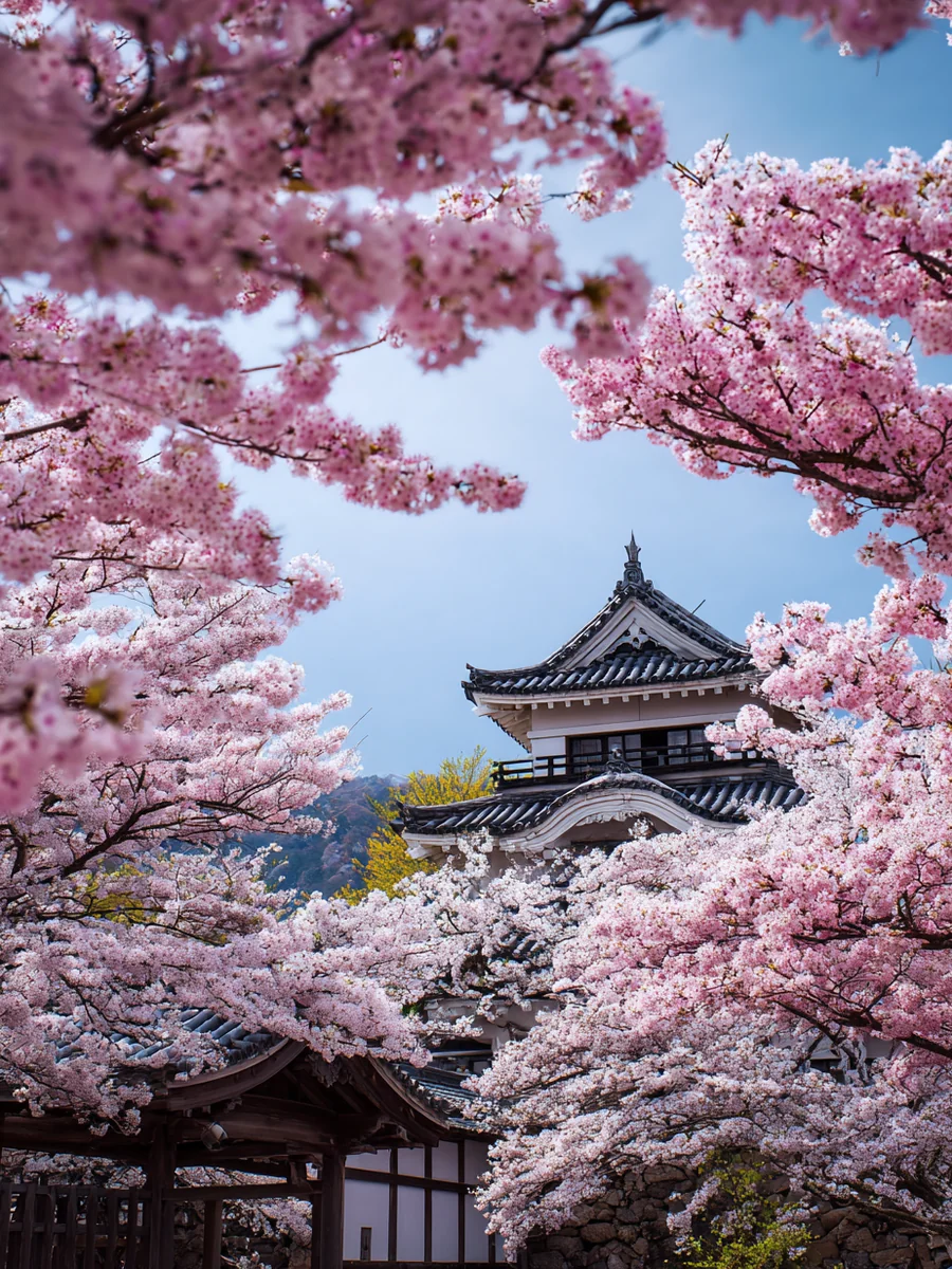 Traditional Japanese castle framed by cherry blossoms against a clear blue sky.