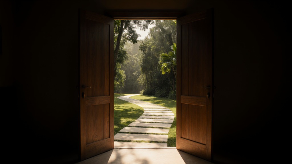 Open doorway framing view of tropical forest path dappled with sunlight