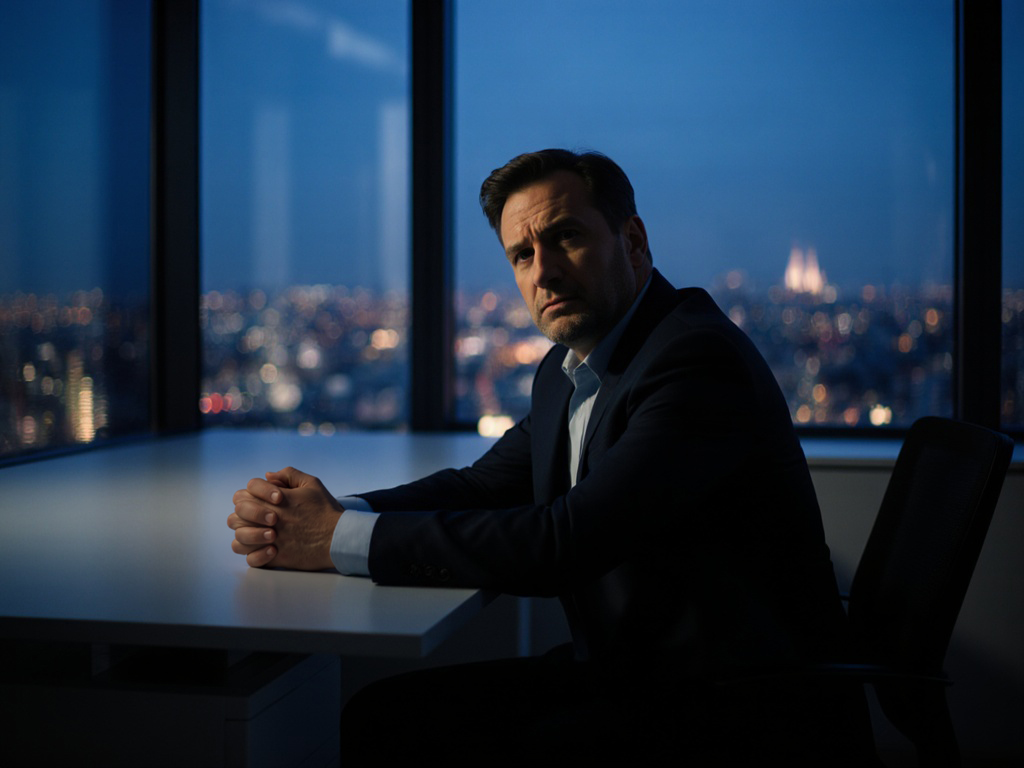 Professional sitting alone in dimly lit office at dusk, shoulders tense, staring at nothing