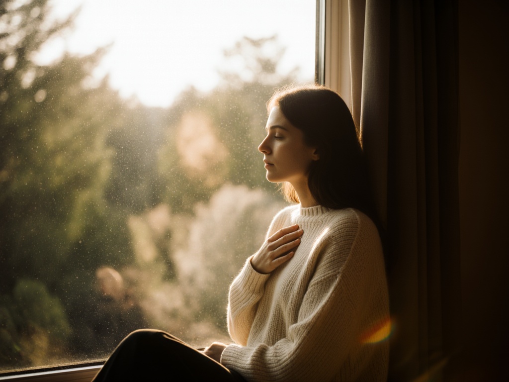 Woman seated by large open window with softened posture as morning light streams in