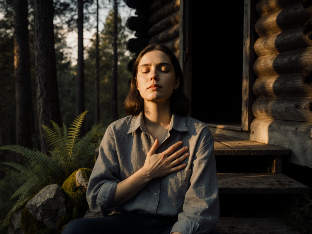 Person sitting cross-legged on weathered wooden steps at golden hour, eyes gently closed, one hand resting over heart and other on lower ribs feeling breath