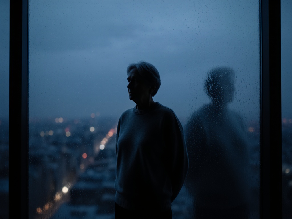 Person stands at rain-streaked window at dusk, reflection visible in glass, posture still and distant