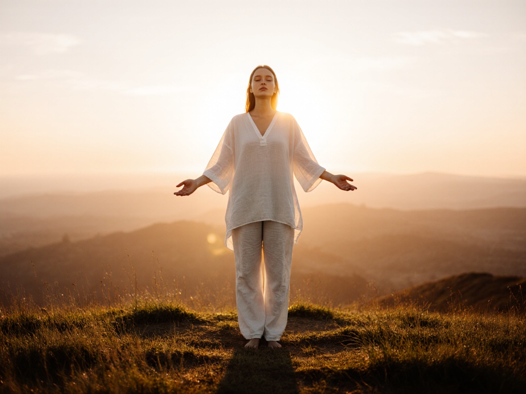 Woman standing on hilltop at sunrise, arms relaxed at sides, posture open and transformed