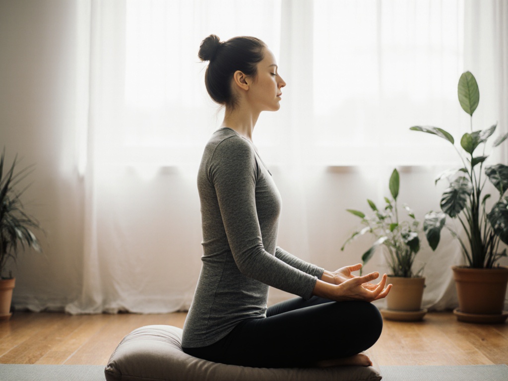 Person in seated meditation, side profile showing full torso and breath pathway, soft natural light