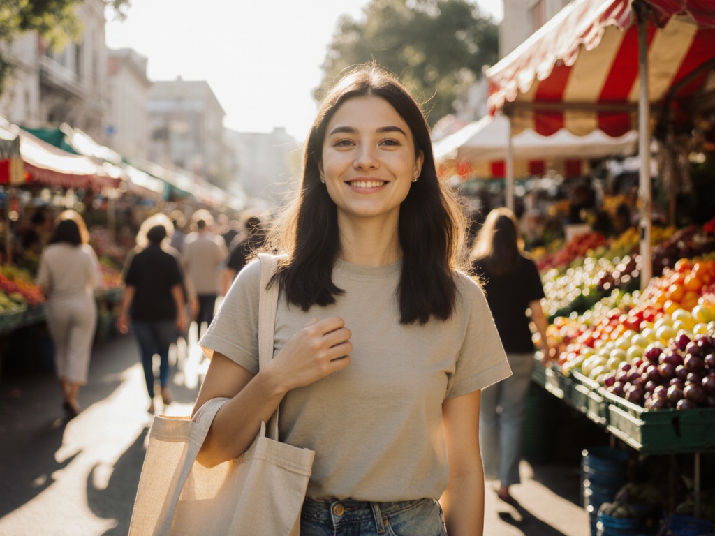Woman standing in busy market with calm expression, life continuing around her, centered presence