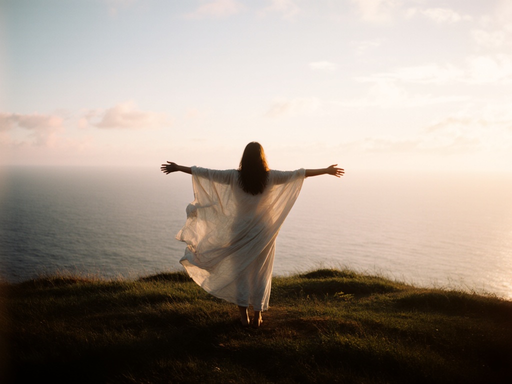 Person standing on coastal cliff edge at sunrise, arms open wide, facing vast ocean horizon