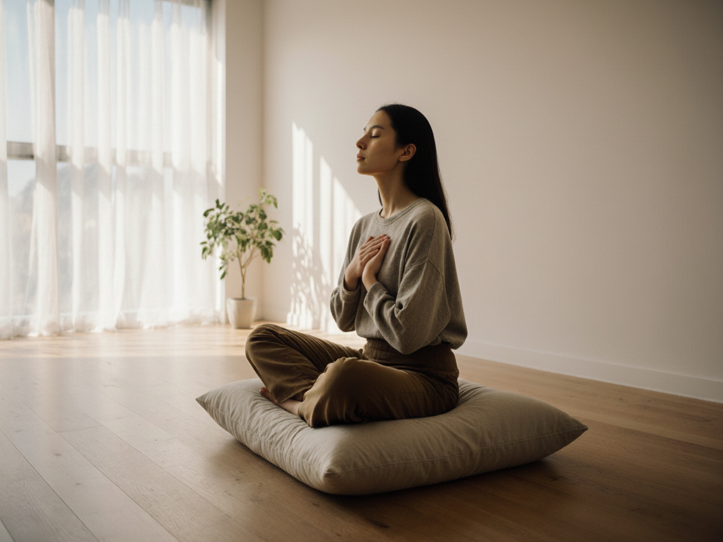 Person sitting on minimalist cushion in quiet room with hands resting on chest, eyes closed in peaceful concentration
