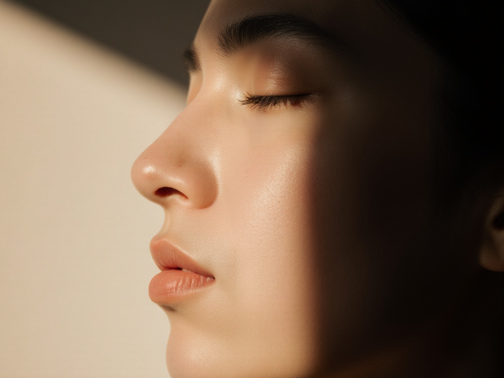 Close-up profile of a person mid-breath, lips slightly parted, eyes closed in concentration, natural side lighting