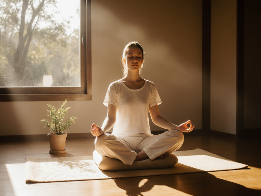 Person seated in traditional practice space with natural elements, morning light, peaceful and focused