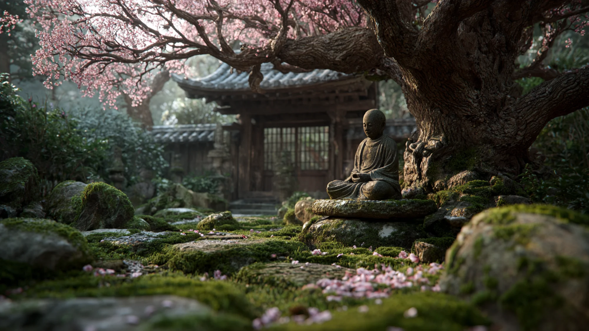 Ancient cherry blossom tree in a Zen temple garden; meditating stone monk below; fallen petals scattered on moss-covered rocks