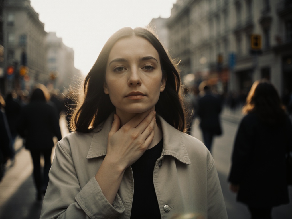 Person walking in urban environment, hand subtly at throat, composed and centered expression