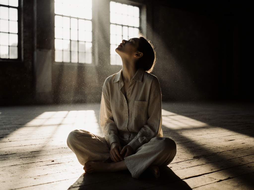 Person in meditation posture with head tilted back, throat exposed, making audible breath