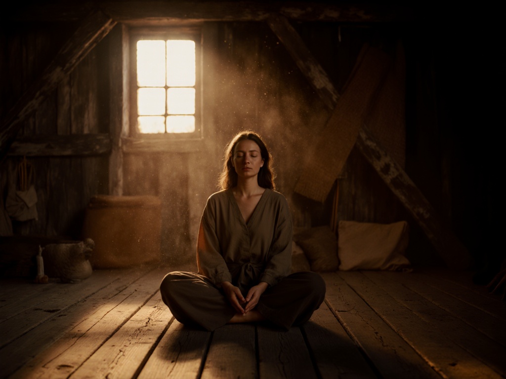 Woman practicing breathwork in wooden interior with weathered textures and warm afternoon light