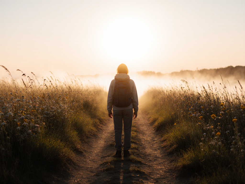 Person stands at beginning of winding path through meadow at sunrise, light mist, looking forward
