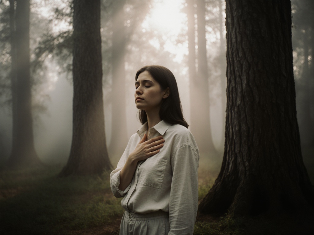 Woman standing in misty forest at dawn, hand pressed to sternum, eyes closed with furrowed brow
