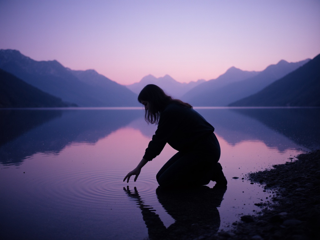 Woman kneeling at edge of still mountain lake at dusk, leaning forward to touch water surface with fingertips