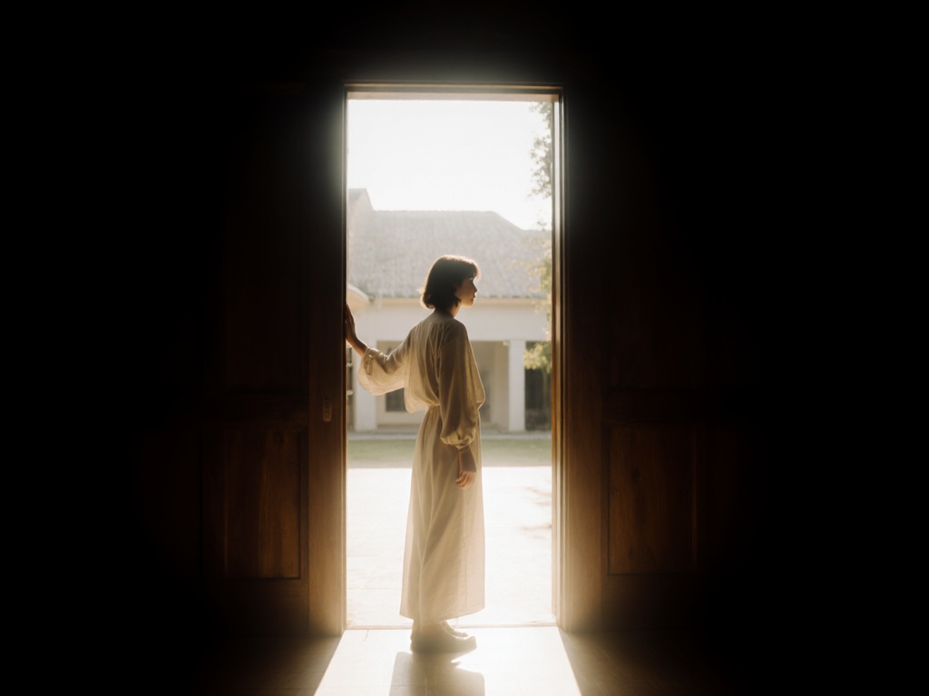 Person standing in open doorway between dark interior and bright exterior, body half in shadow