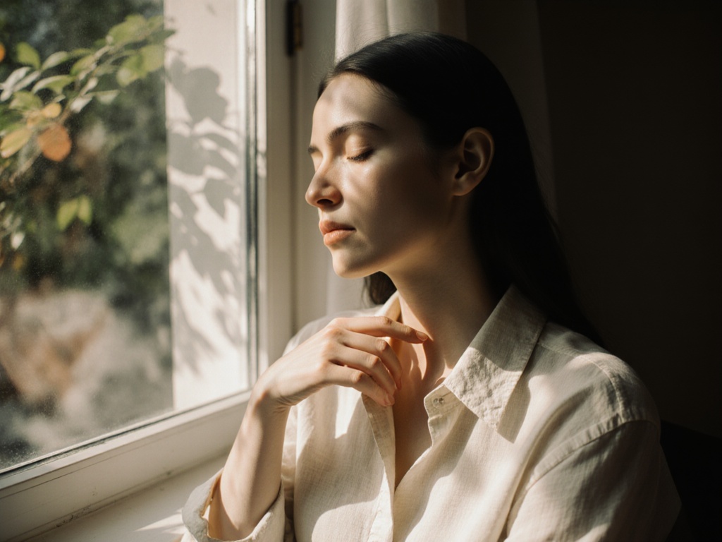 Woman's hand hovering near throat and collarbone in moment of quiet noticing, eyes soft and inward