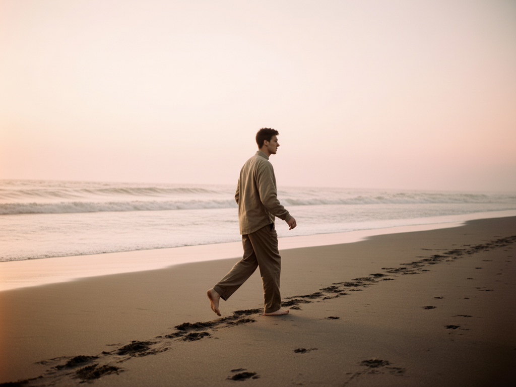 Person walking alone on empty beach at sunrise, steady purposeful stride, calm expression