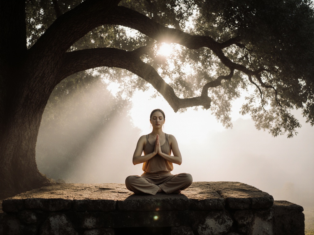 Woman in traditional seated posture on stone platform outdoors, timeless quality to the scene