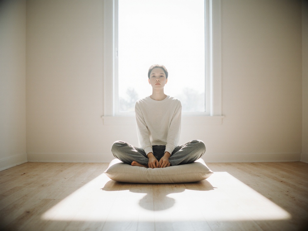 Person sitting calmly on a cushion in an empty room, hands resting on knees, perfectly still, afternoon light