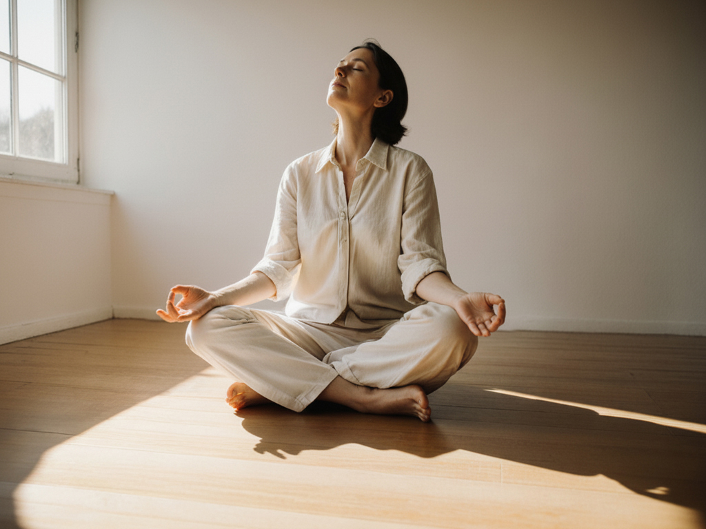 Woman sitting in sunlit meditation room with hand at throat, eyes closed in profound discovery, raw silk fabric flowing across floor