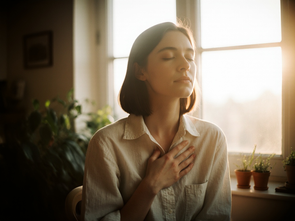 Woman in morning light by window with hand on chest, eyes closed, beginning awareness