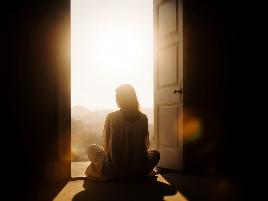 Person sits in doorway between dark interior and bright exterior, backlit by early morning sun