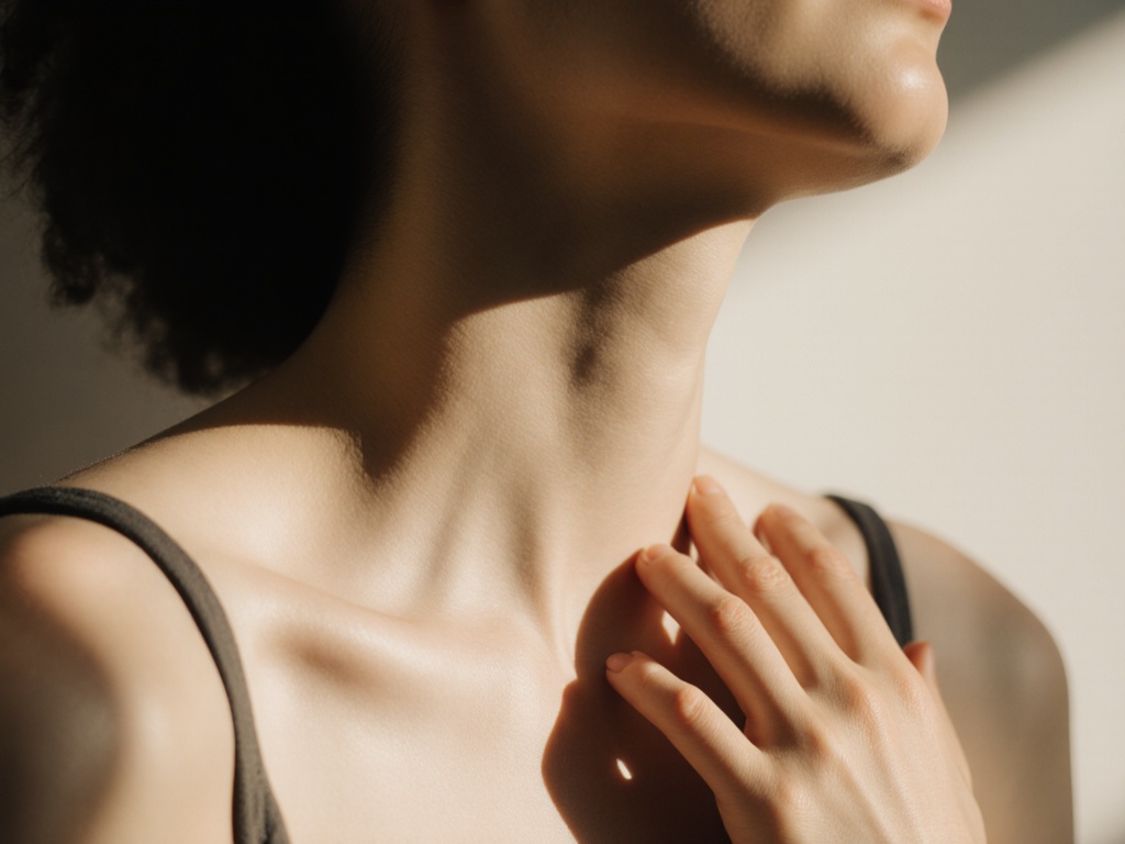 Close view of person's chest and throat area during breathing practice, hand resting on collarbone