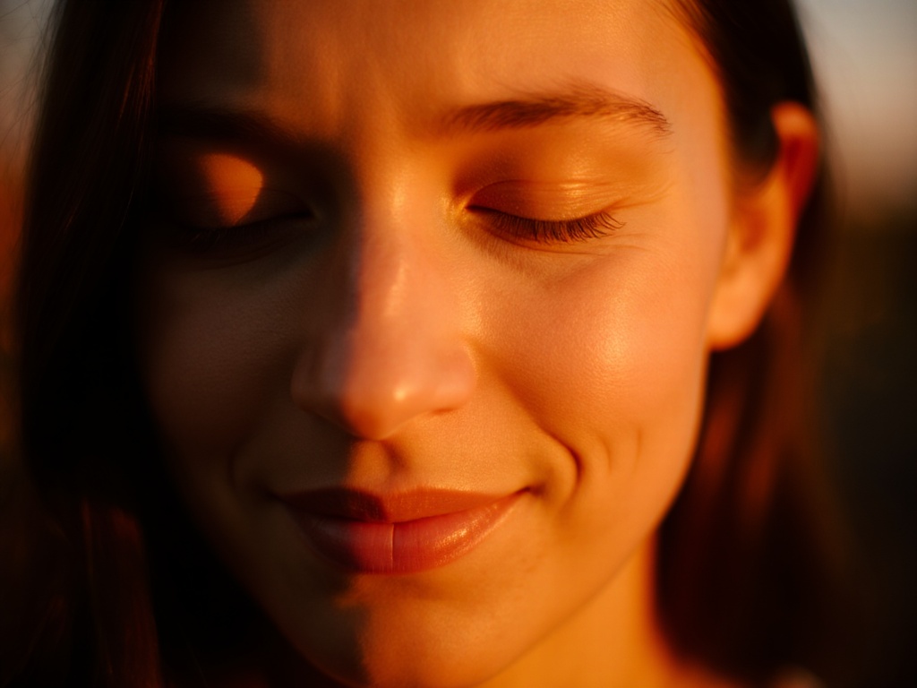 Close-up of person's face in golden hour light, eyes closed, peaceful knowing expression