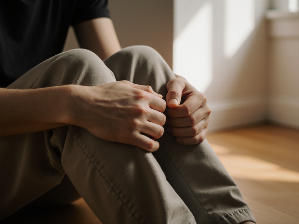 Close-up of hands gripping thighs, knuckles white, body tense in seated position
