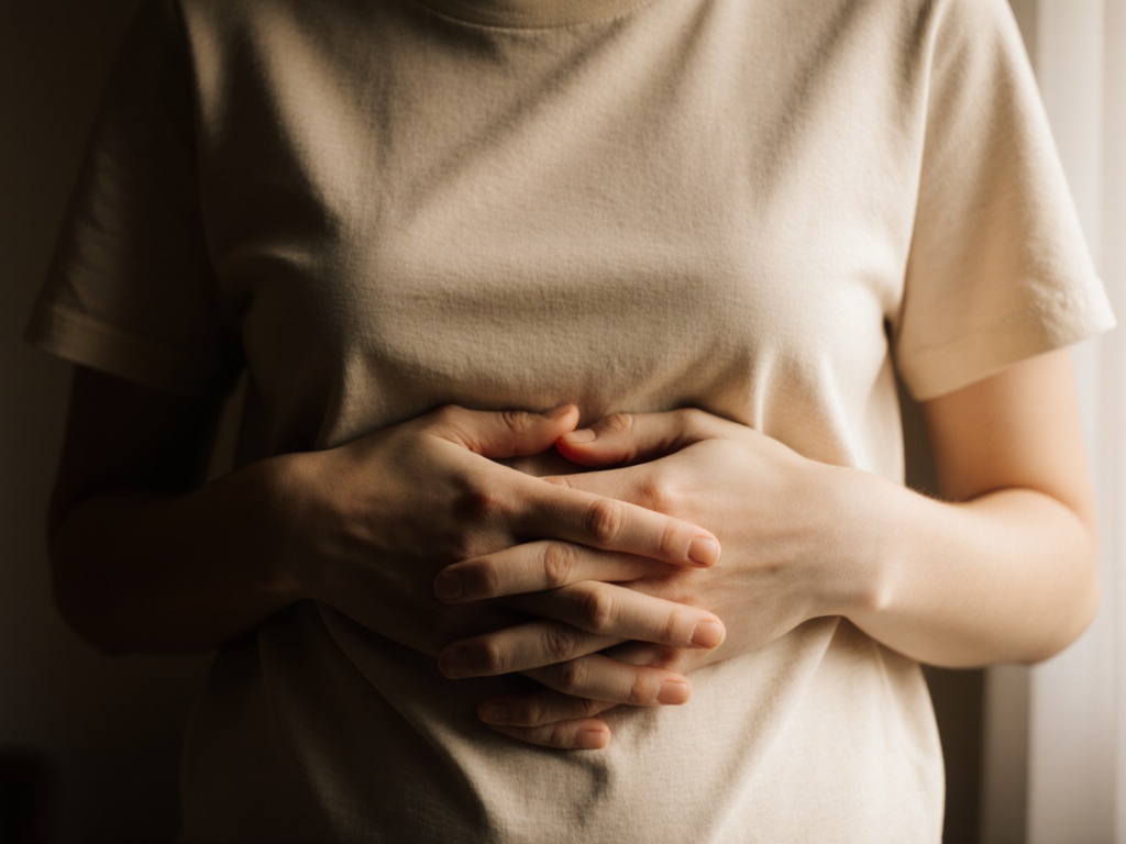 Close-up of person's midsection with both hands placed gently on their abdomen, soft morning light