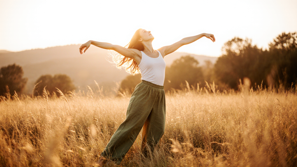 Person in flowing movement outdoors at golden hour, arms extended with ease and fluidity, face turned toward sun