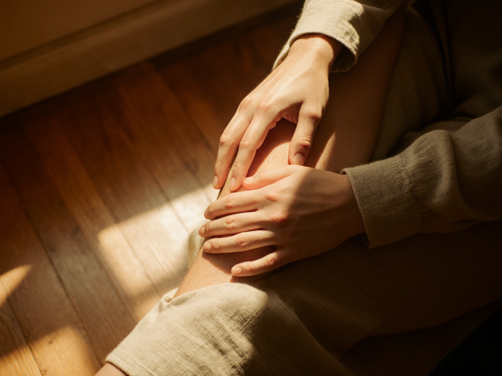 Close-up of hands gently pressing against bare forearms, exploring subtle sensations in warm afternoon light