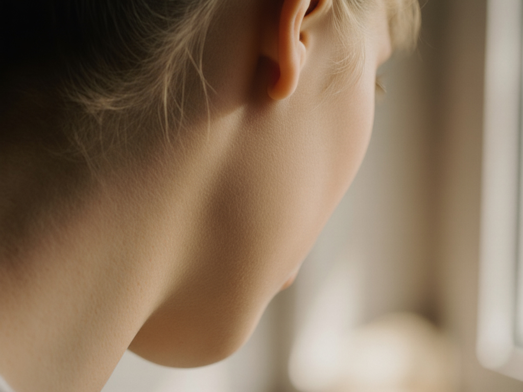Extreme close-up of a person's throat and jawline as they breathe, soft natural light