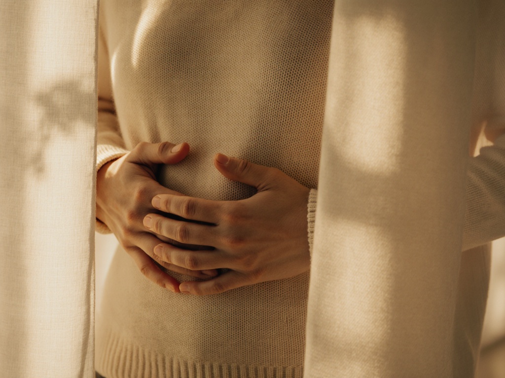 Close-up of hands resting on abdomen in dappled afternoon light, fingers spread slightly as if listening
