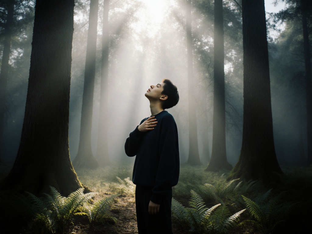Person standing peacefully in a forest clearing, morning light filtering through trees, hand on heart