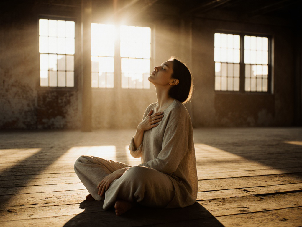 Person sitting cross-legged on wooden floor in industrial loft with head tilted back, eyes closed, mouth forming breath sound