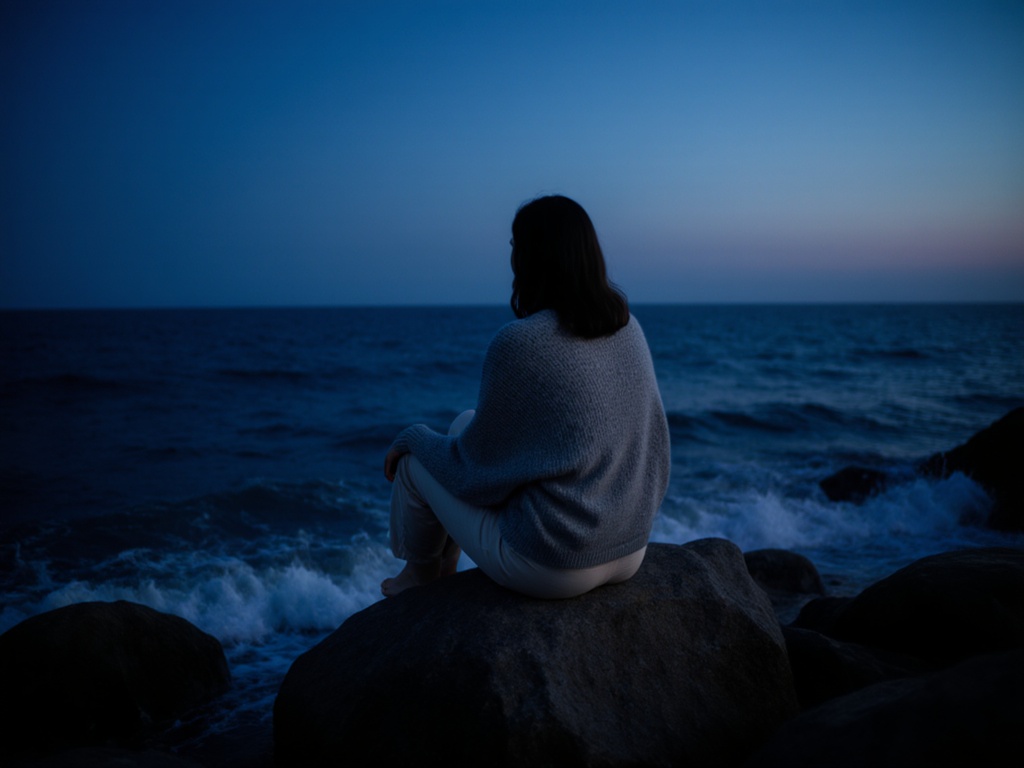 Woman sitting peacefully on coastal rocks at dusk, embodying quiet power and integration