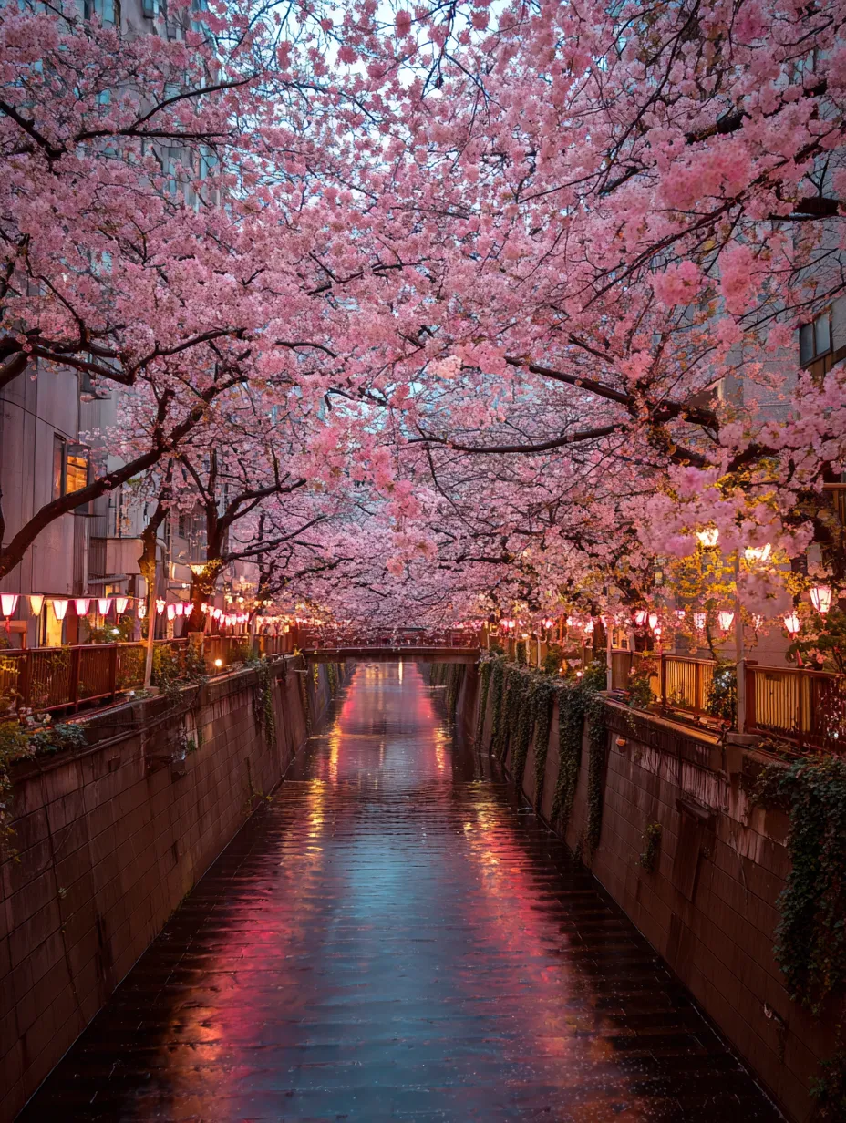 Meguro River in Tokyo lined with cherry blossoms and paper lanterns at dusk.