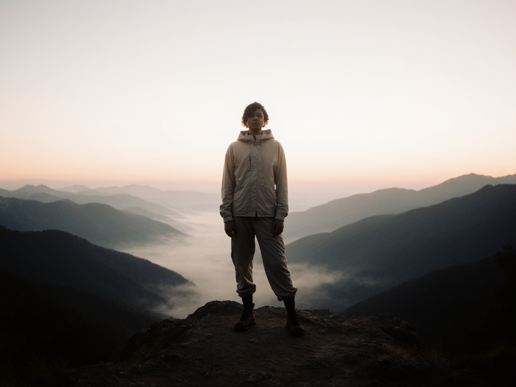 Person stands grounded on mountain overlook at dawn, arms by sides, full body presence, valleys below